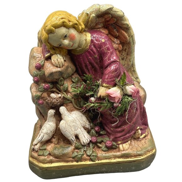 Hand-Painted Angel Figurine With Doves & Roses Floral Accents Vintage Decor Resi - Picture 1 of 8
